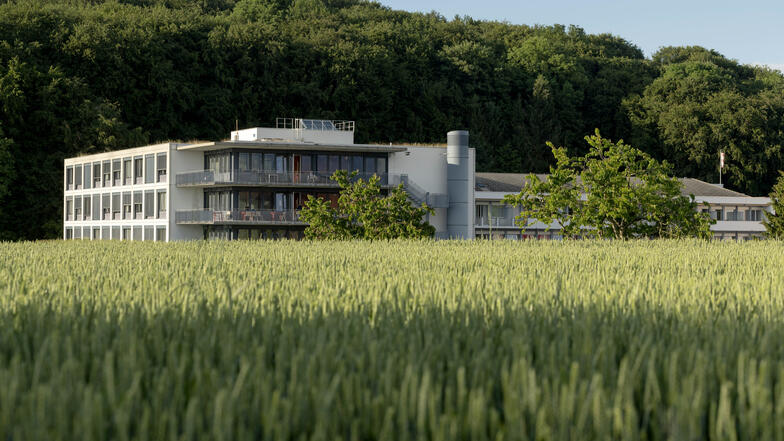 Vue extérieure de l’HFR Tafers, entre la forêt de Maggenberg et un champ, été 2018 